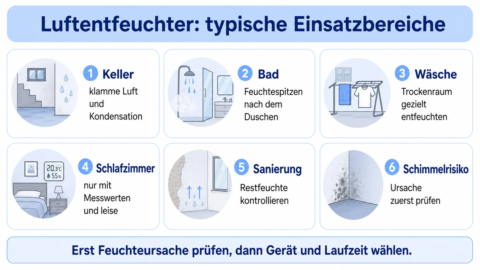Infografik zu Einsatzgebieten für Luftentfeuchter mit Keller, Bad, Wäsche, Schlafzimmer, Sanierung und Schimmelrisiko