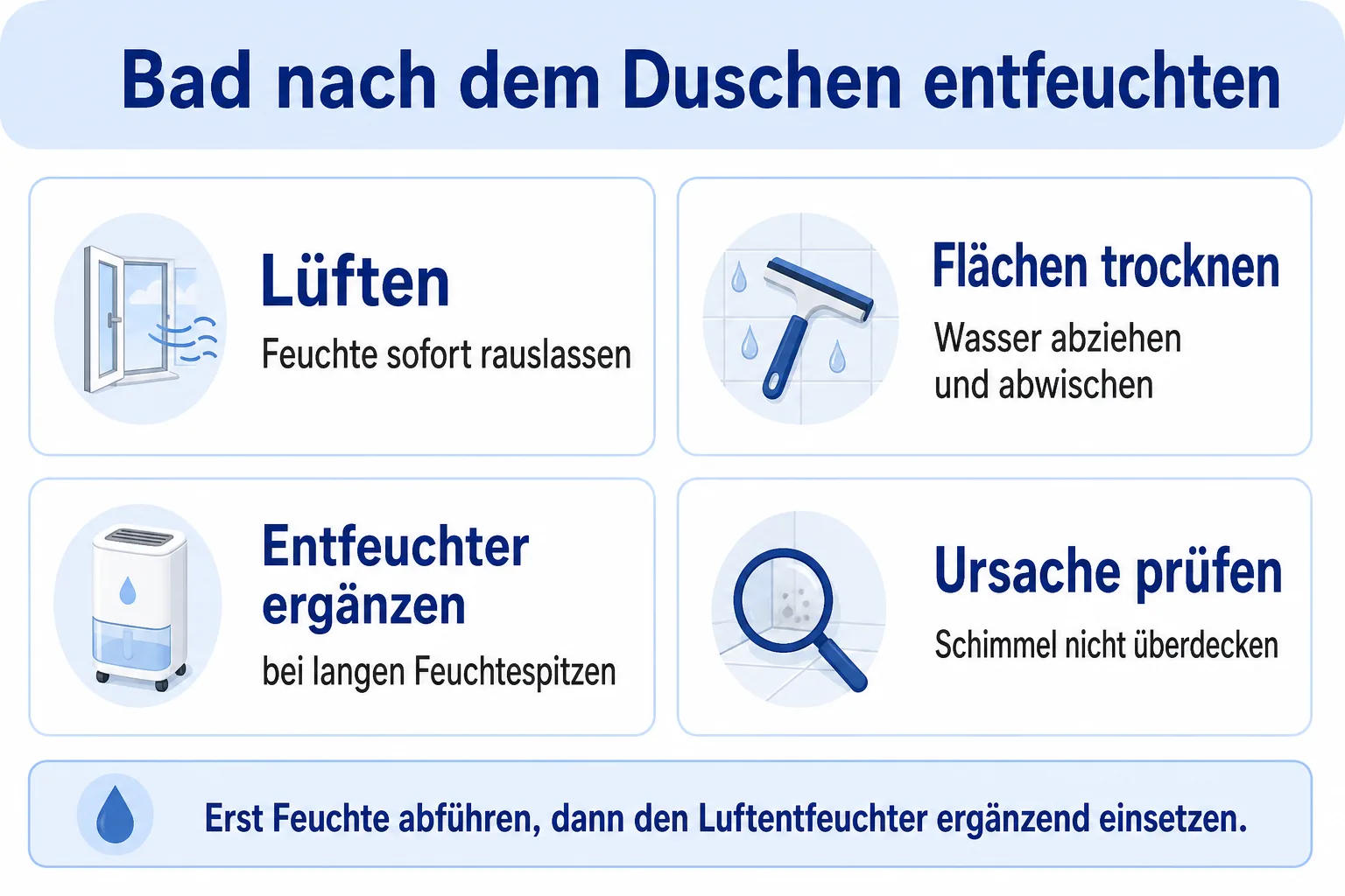 Infografik zu Feuchtigkeit im Badezimmer mit Lüften, Flächen abziehen, Lüfter, Luftentfeuchter und Schimmelprüfung