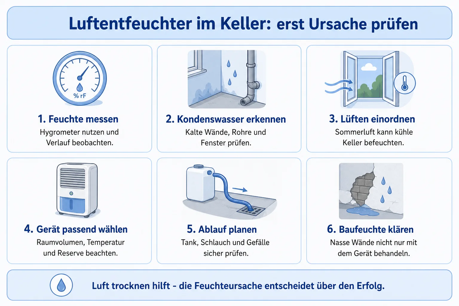 Infografik zu Luftentfeuchtern im Keller mit Feuchtemessung, Kondenswasser, Lüften, Gerätegröße, Ablauf und Baufeuchte