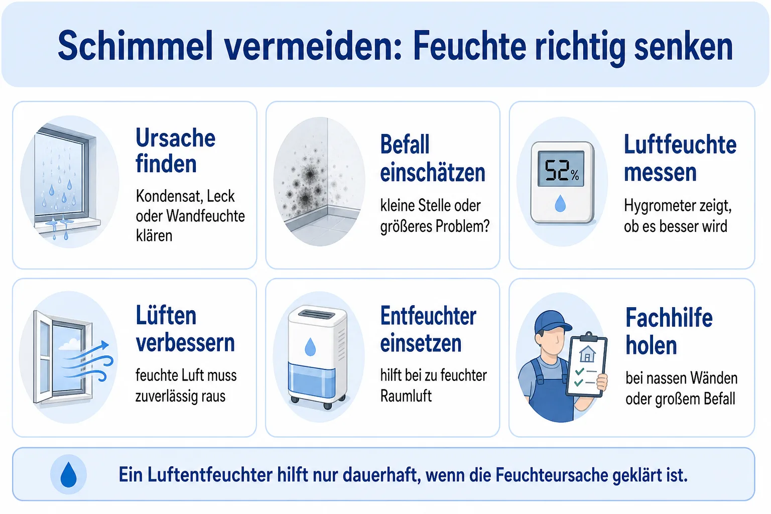 Infografik zum Einsatz von Luftentfeuchtern gegen Schimmel mit Ursache, Befall, Feuchte, Lüften, Gerät und Fachhilfe