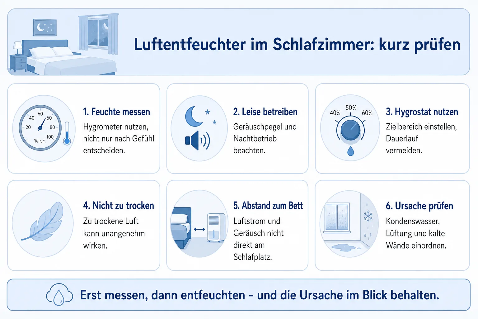 Infografik zu Luftentfeuchtern im Schlafzimmer mit Messung, Lautstärke, Hygrostat, Aufstellung und Ursachenprüfung