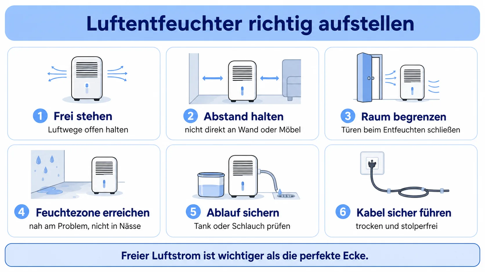Infografik zum richtigen Aufstellen eines Luftentfeuchters mit Abstand, Luftstrom, Türen, Tank, Ablauf und Stromkabel