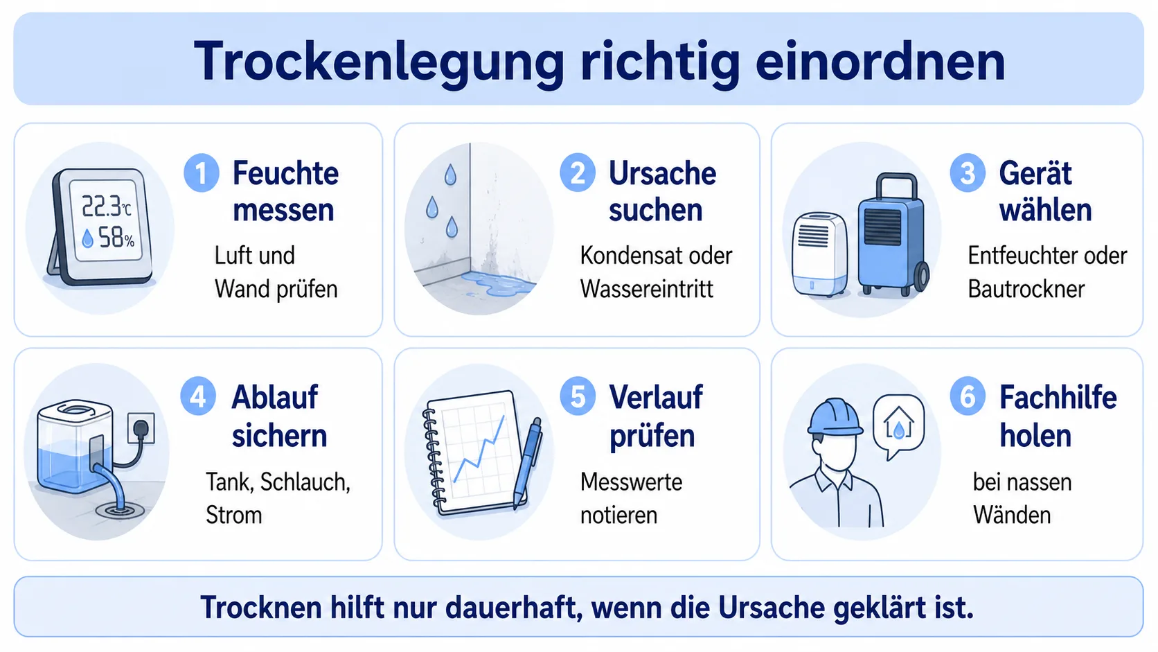Infografik zur Trockenlegung mit Feuchtemessung, Ursachenprüfung, Gerät, kontrollierter Trocknung, Ablauf und Fachklärung