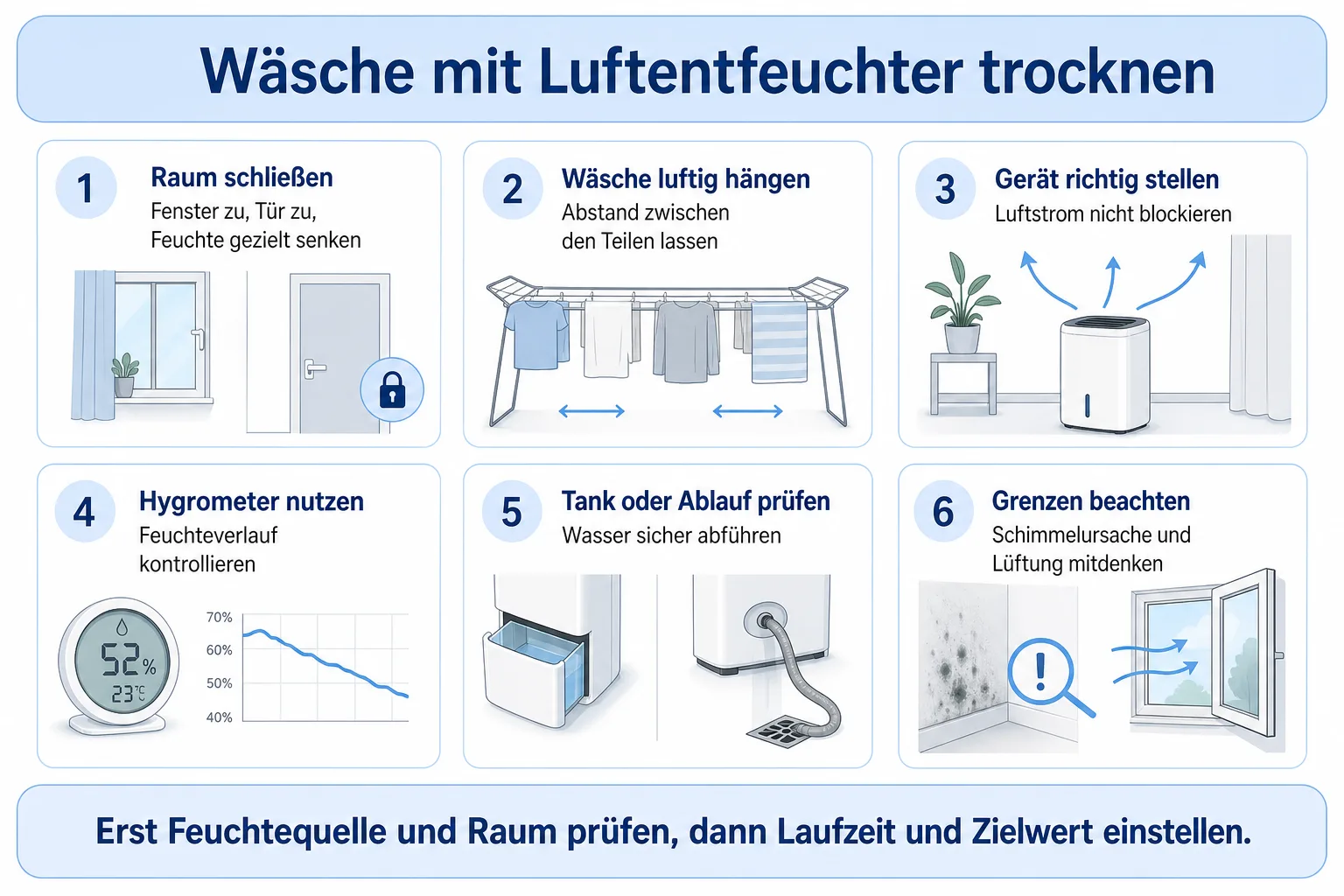 Infografik zum Wäschetrocknen mit Luftentfeuchter: Raum schließen, Wäsche luftig hängen, Gerät richtig stellen, Hygrometer nutzen, Tank oder Ablauf prüfen und Grenzen beachten