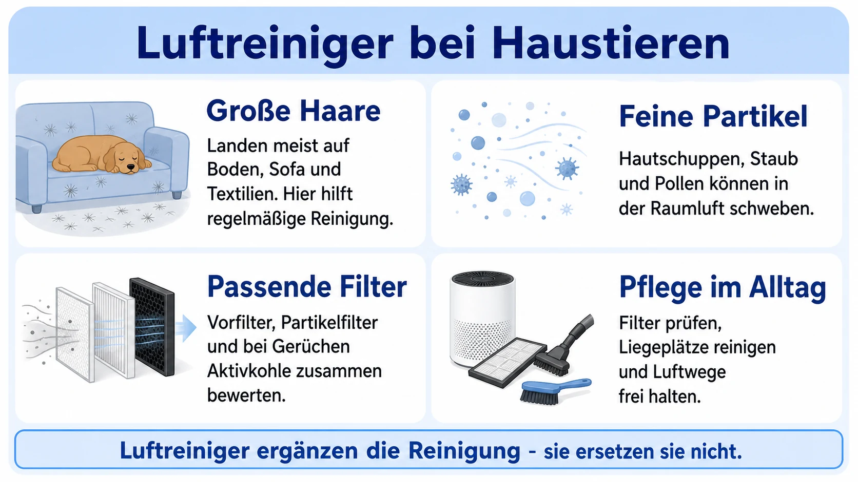 Infografik zu Luftreinigern bei Tierhaaren mit Allergenen, Vorfilter, HEPA-Filter, Aktivkohle, Aufstellung und Reinigung
